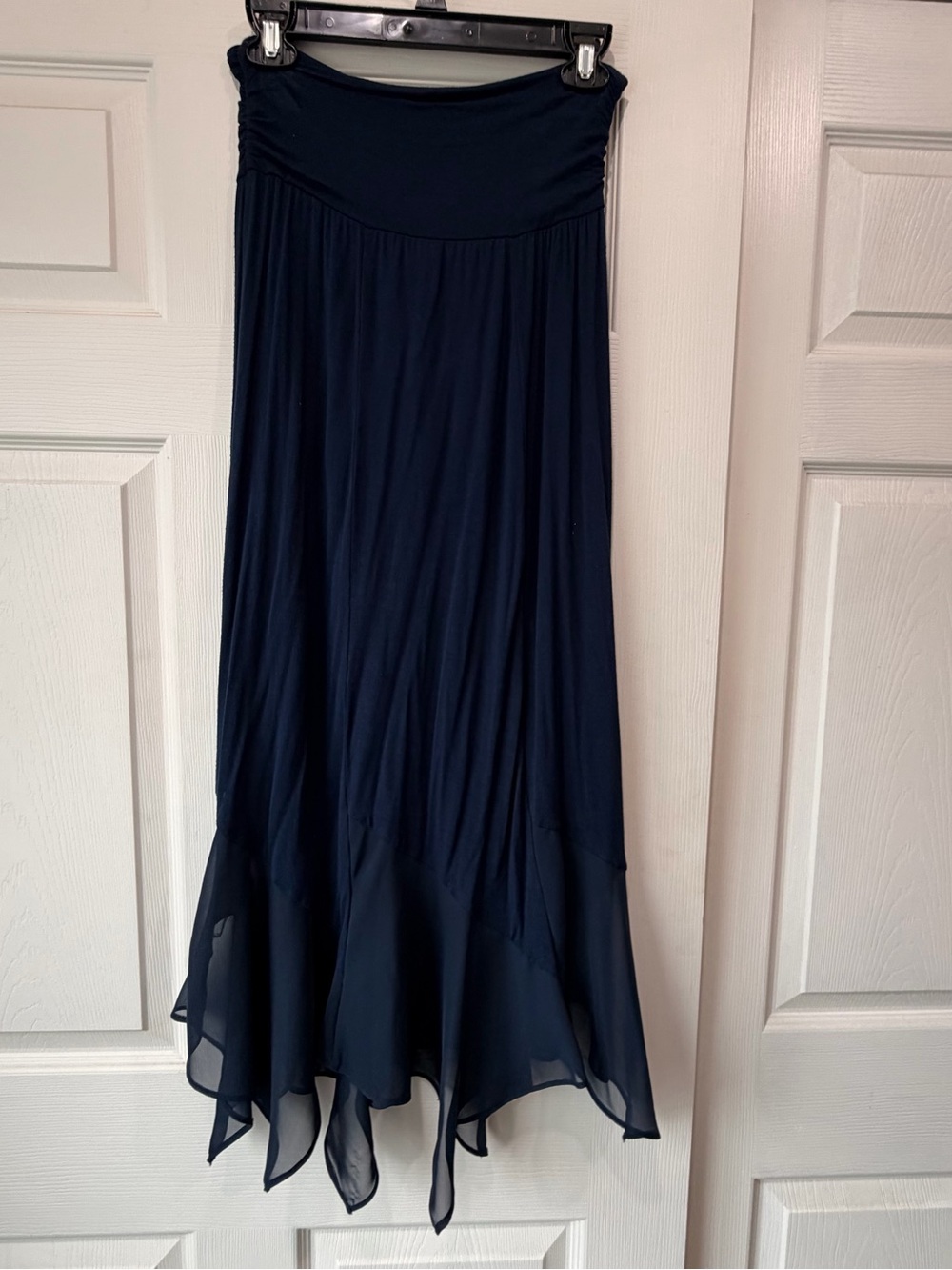 AB Studio Navy Asymmetric Handkerchief-Hem Maxi Skirt